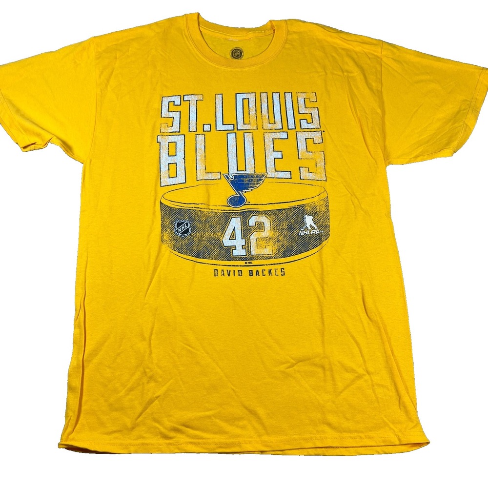 NHL Mens Large Yellow St. Louis Blues #42 David Backes Graphic T-Shirt NWOT‎